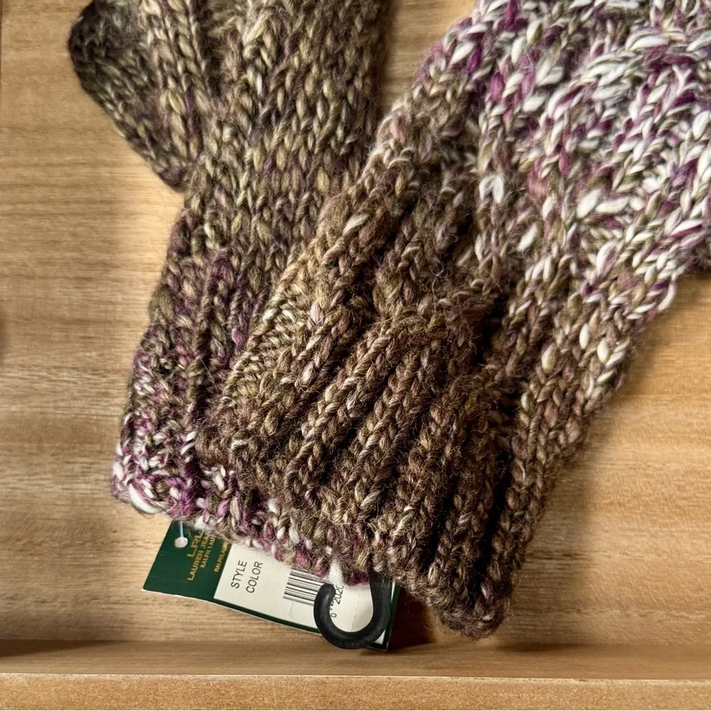 LRL Lauren Ralph Lauren Cable Knit Mittens Brown Marled Wool Blend NWT Winter Gl